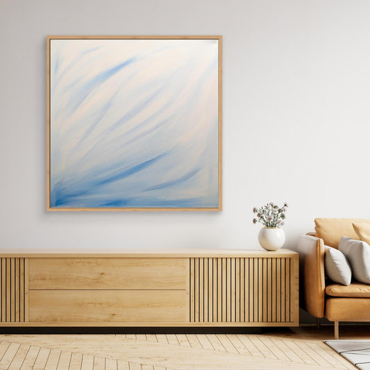Abstract canvas print in cool blue and grey tones with atmospheric depth